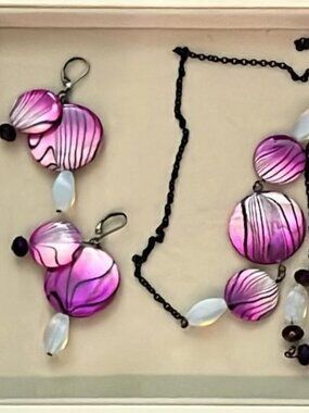 Long Black Chain with Pink Striped Discs and Earrings